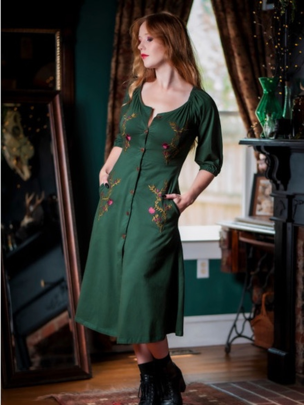 Green Embroidered Midi Dress - Women's Button-Front